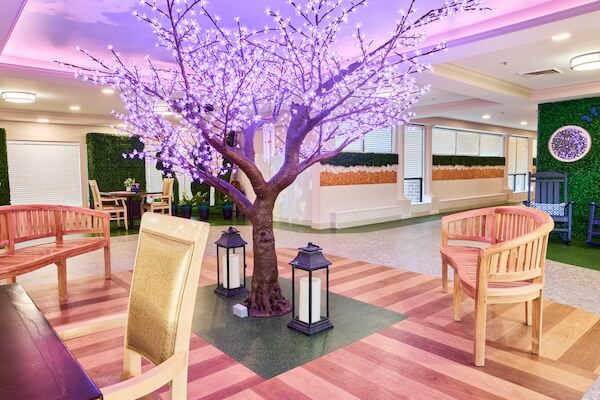 Lounge with a purple-blossom decorative tree and wooden chairs at Lorien Harmony Park